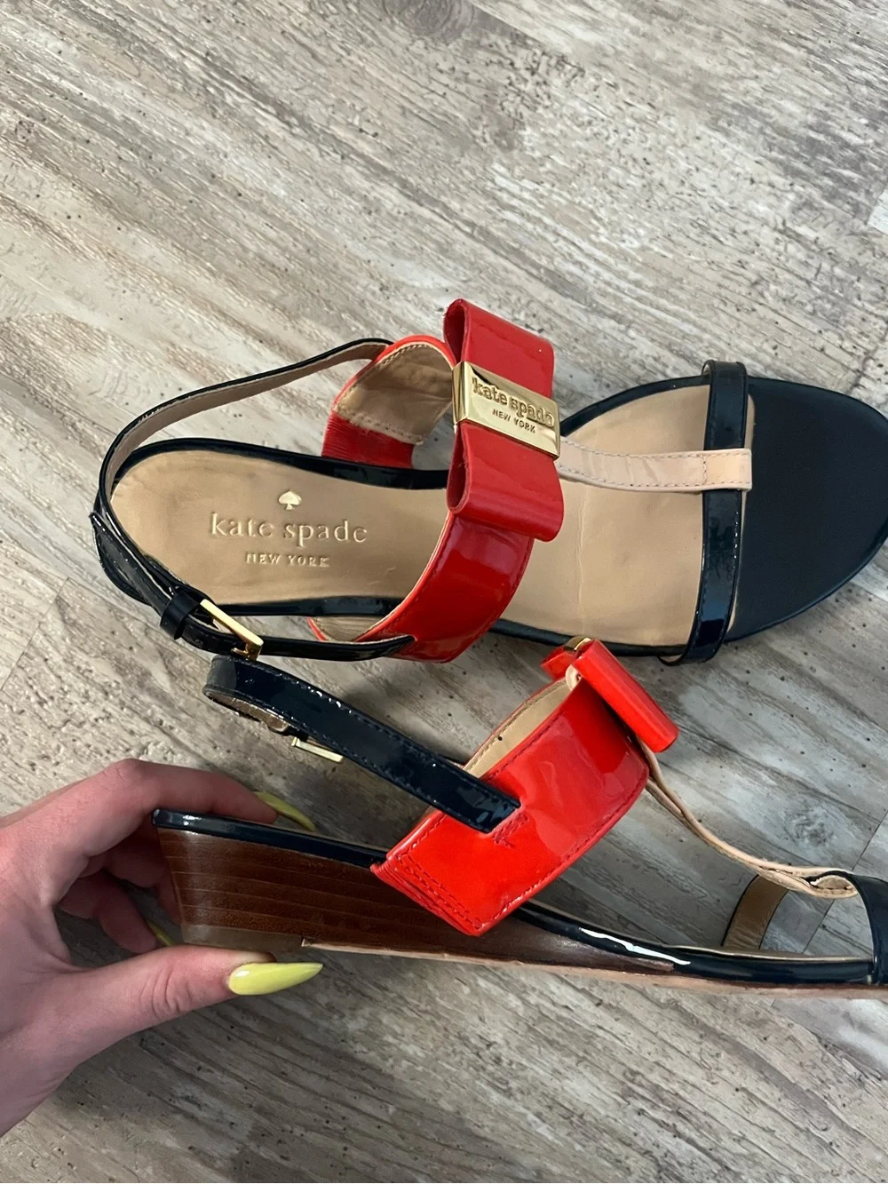 kate spade Red, Black & Nude Patent T-Strap Sandals